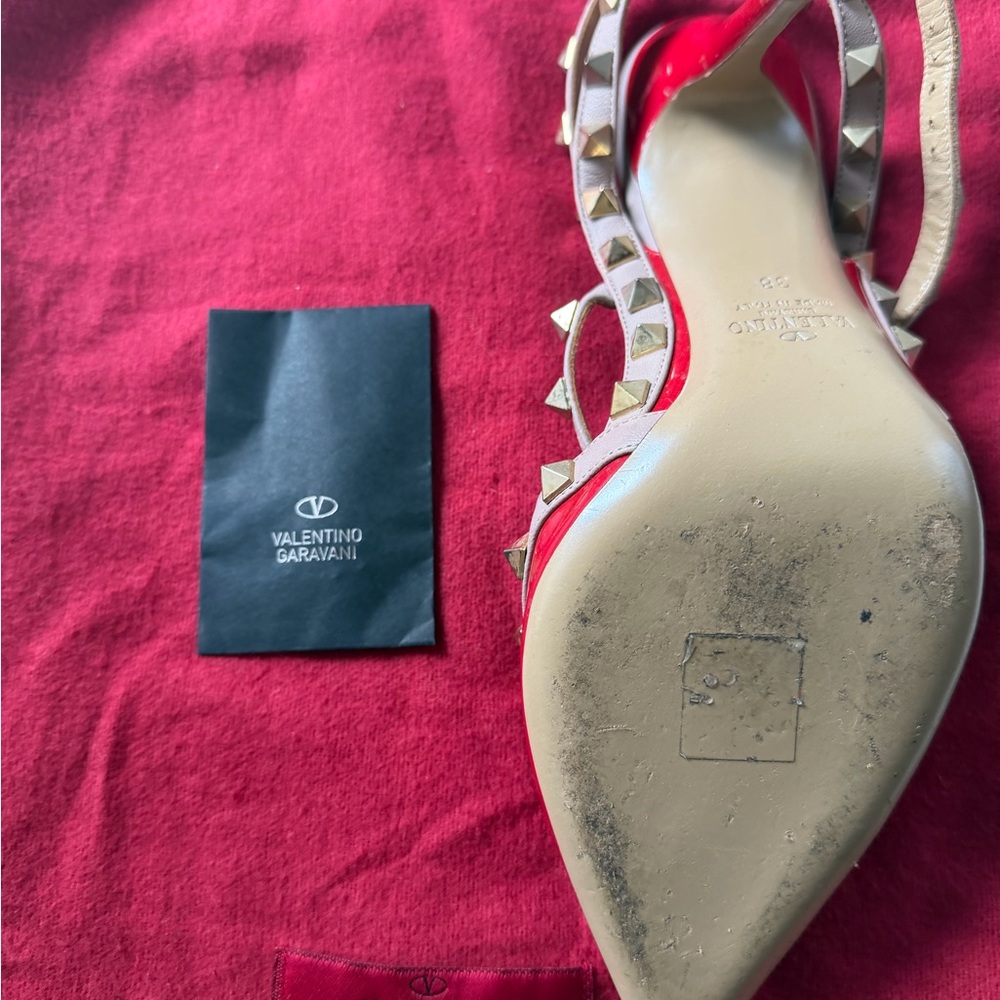 Valentino Garavani Red Patent Rockstud T-Strap Pumps with Nude Trim with bag - Picture 8 of 14